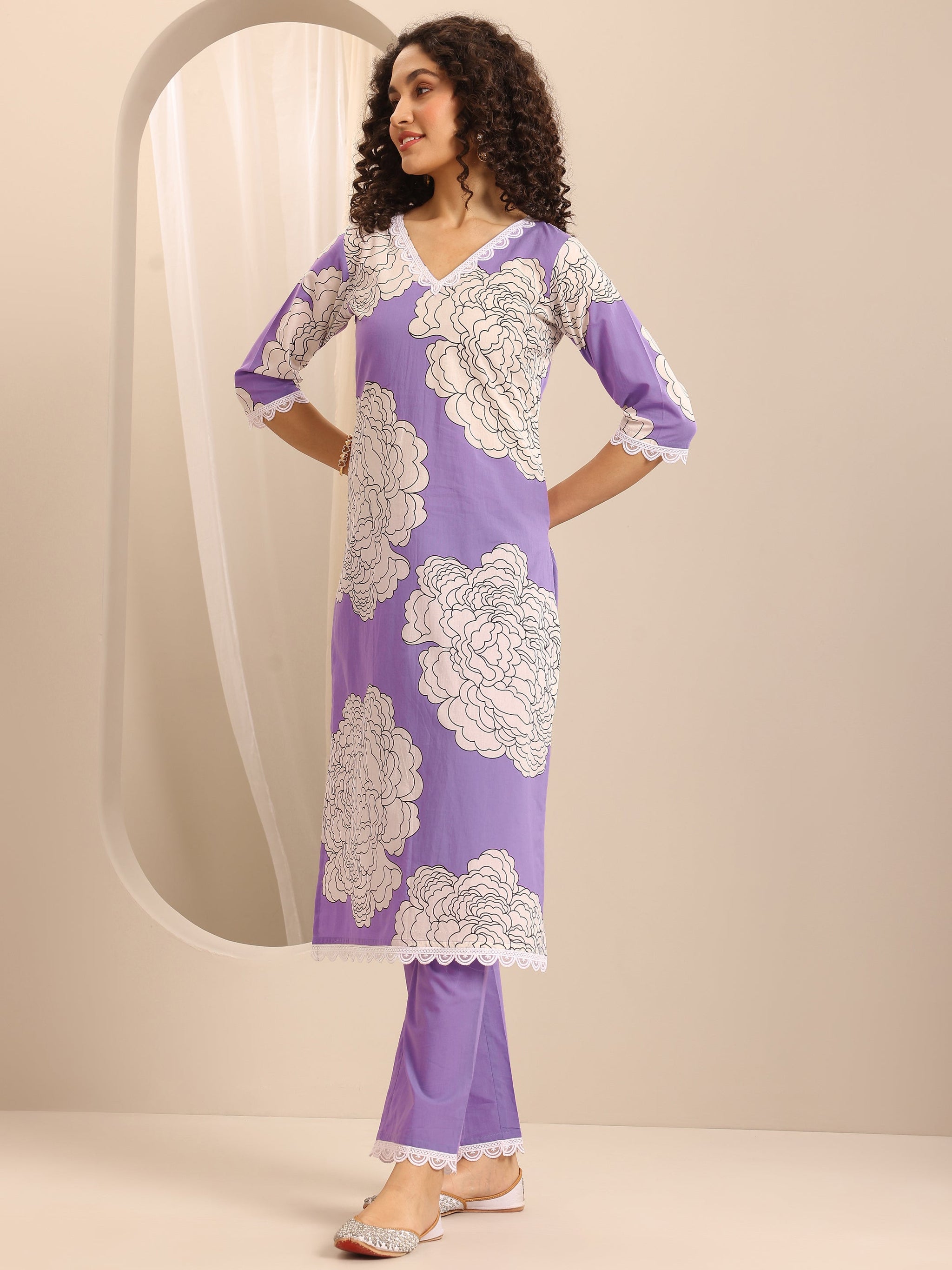 Libas Purple Printed Cotton Blend Straight Suit Set With Dupatta