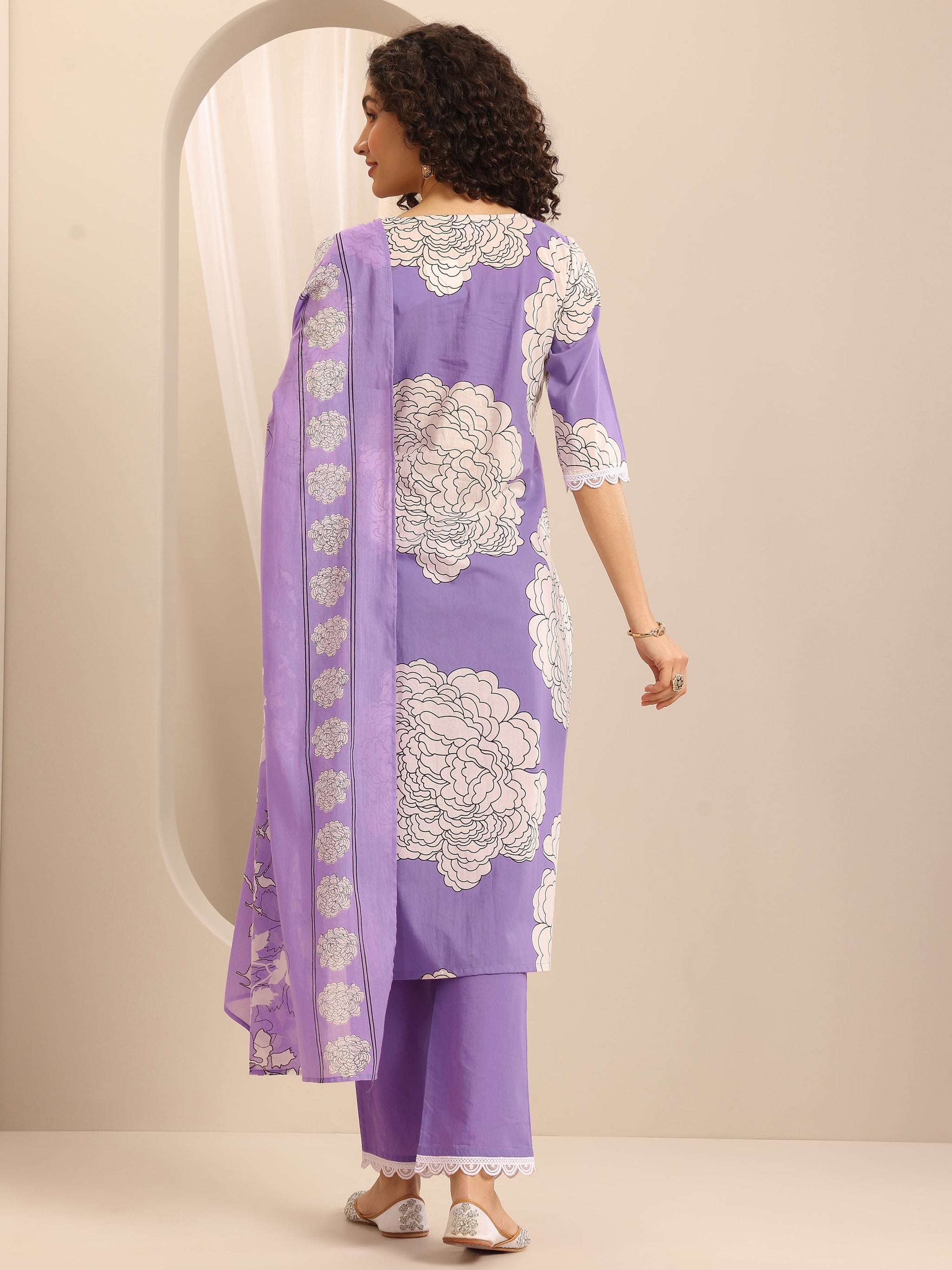 Libas Purple Printed Cotton Blend Straight Suit Set With Dupatta