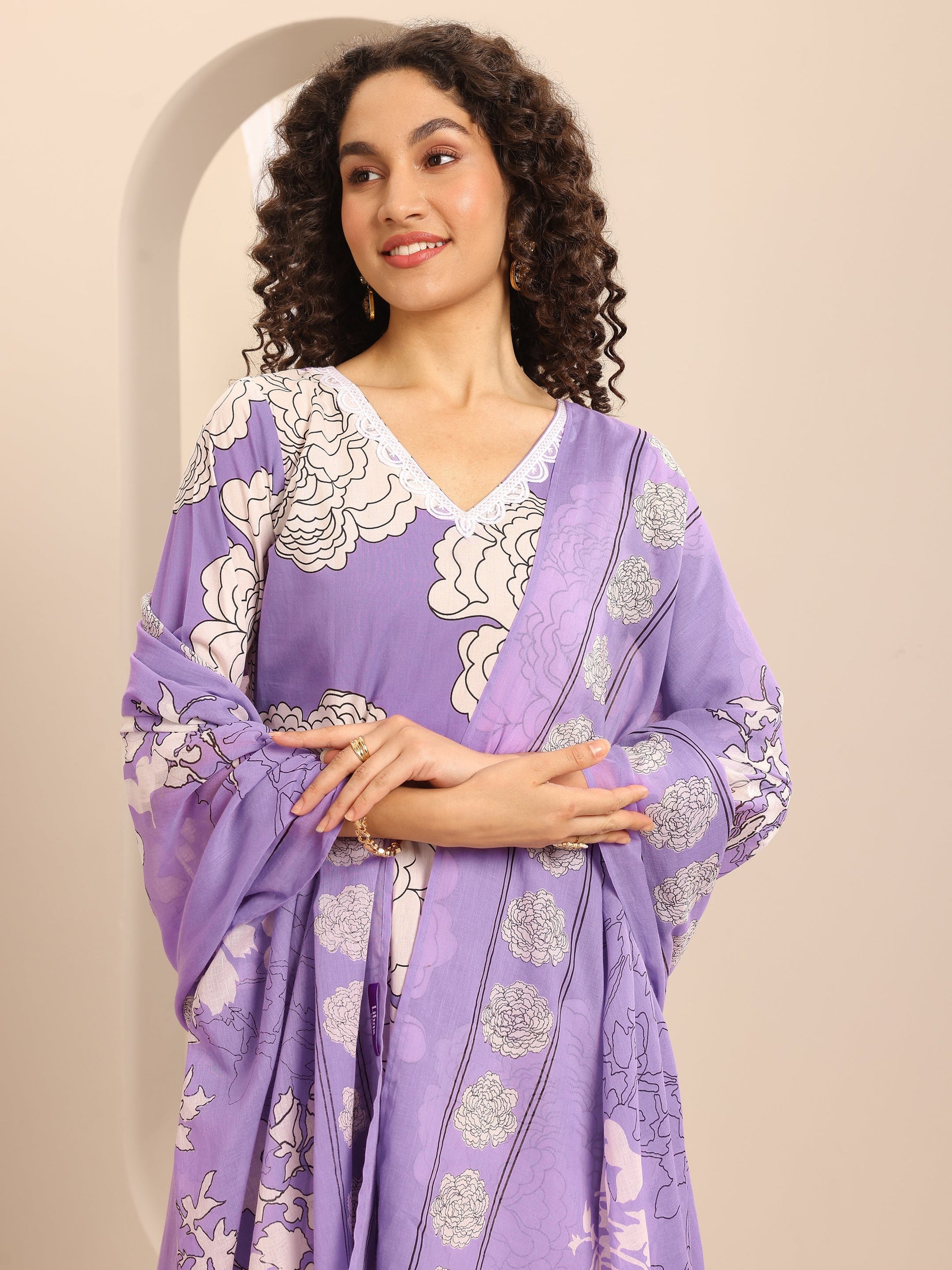 Libas Purple Printed Cotton Blend Straight Suit Set With Dupatta