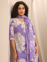 Libas Purple Printed Cotton Blend Straight Suit Set With Dupatta