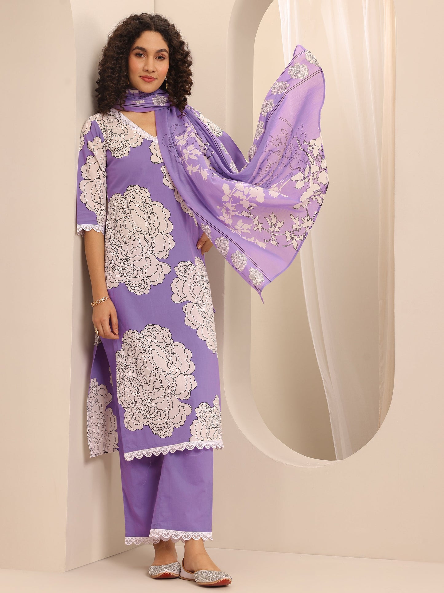 Libas Purple Printed Cotton Blend Straight Suit Set With Dupatta