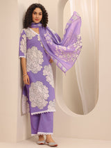 Libas Purple Printed Cotton Blend Straight Suit Set With Dupatta