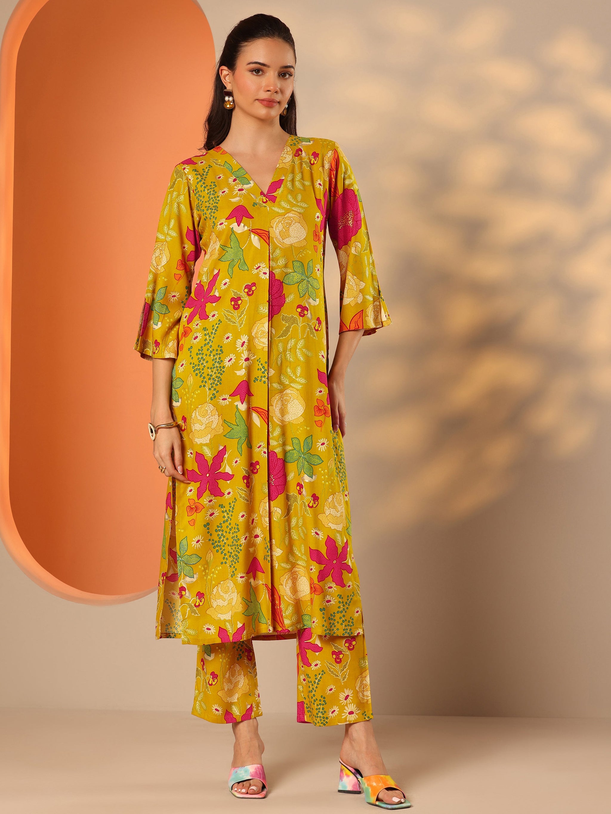 Libas Mustard Printed Rayon Co-Ord Sets