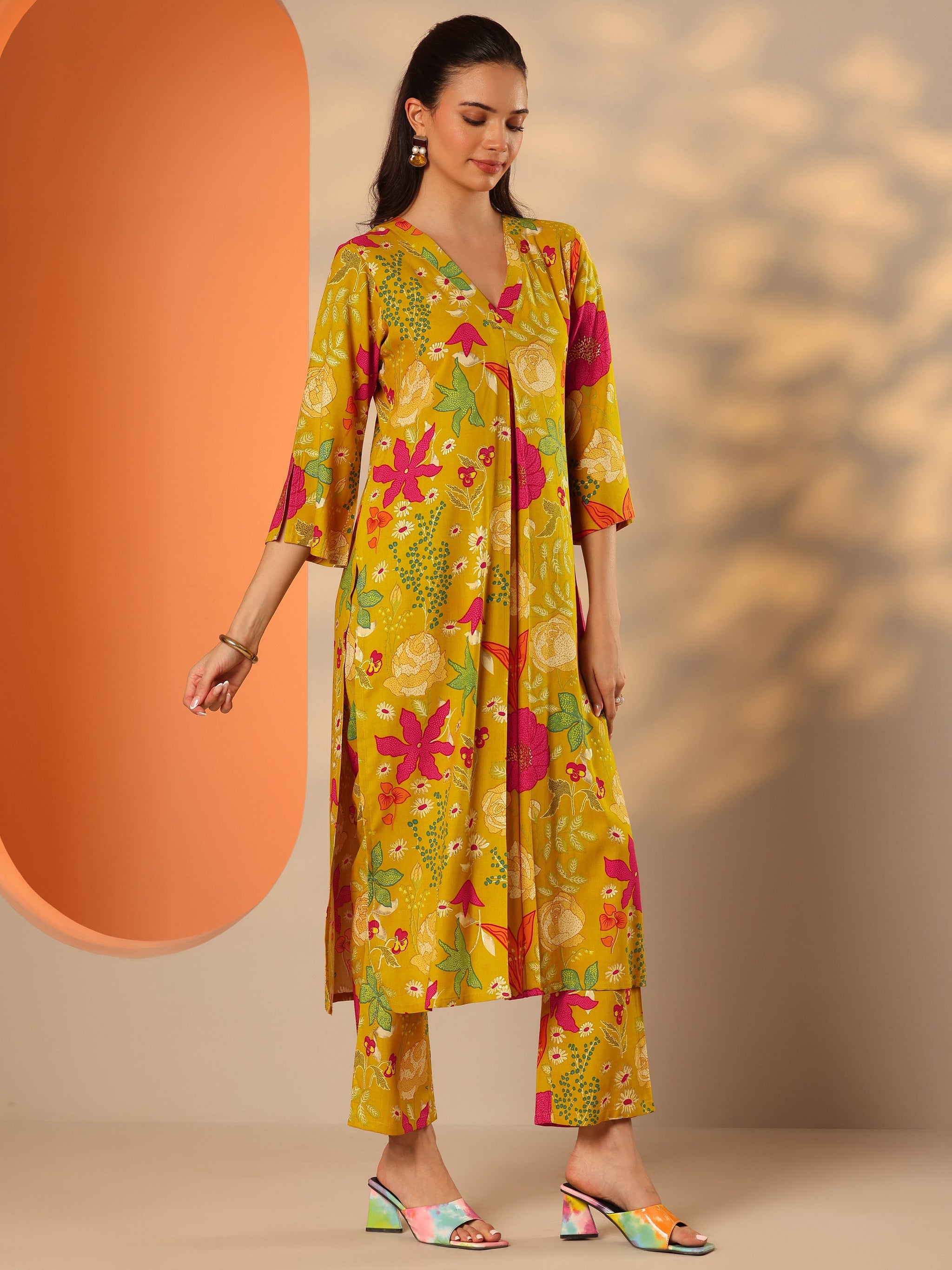 Libas Mustard Printed Rayon Co-Ord Sets