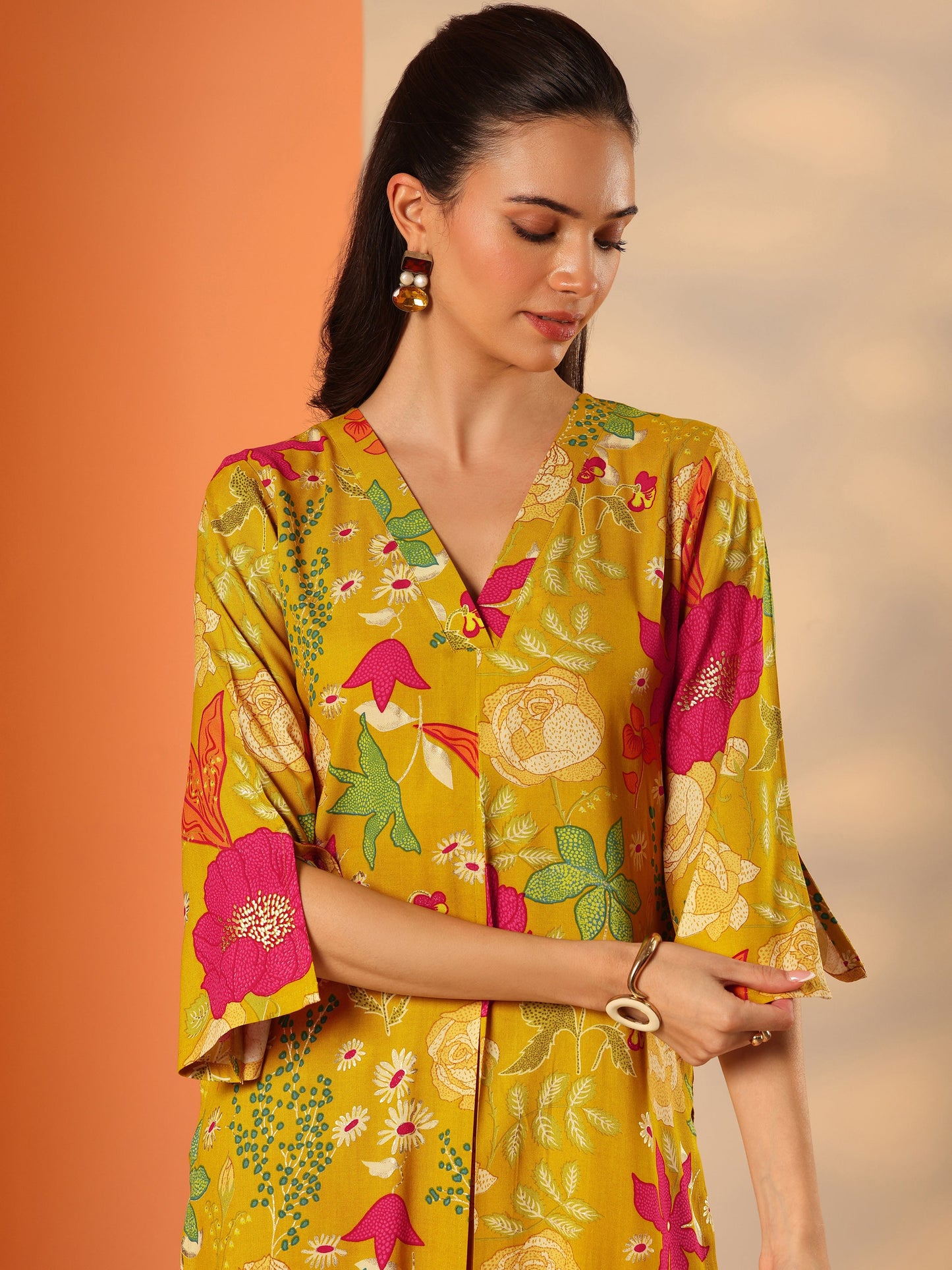 Libas Mustard Printed Rayon Co-Ord Sets