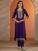 Gerua Purple Embroidered Silk Blend Straight Kurta Set