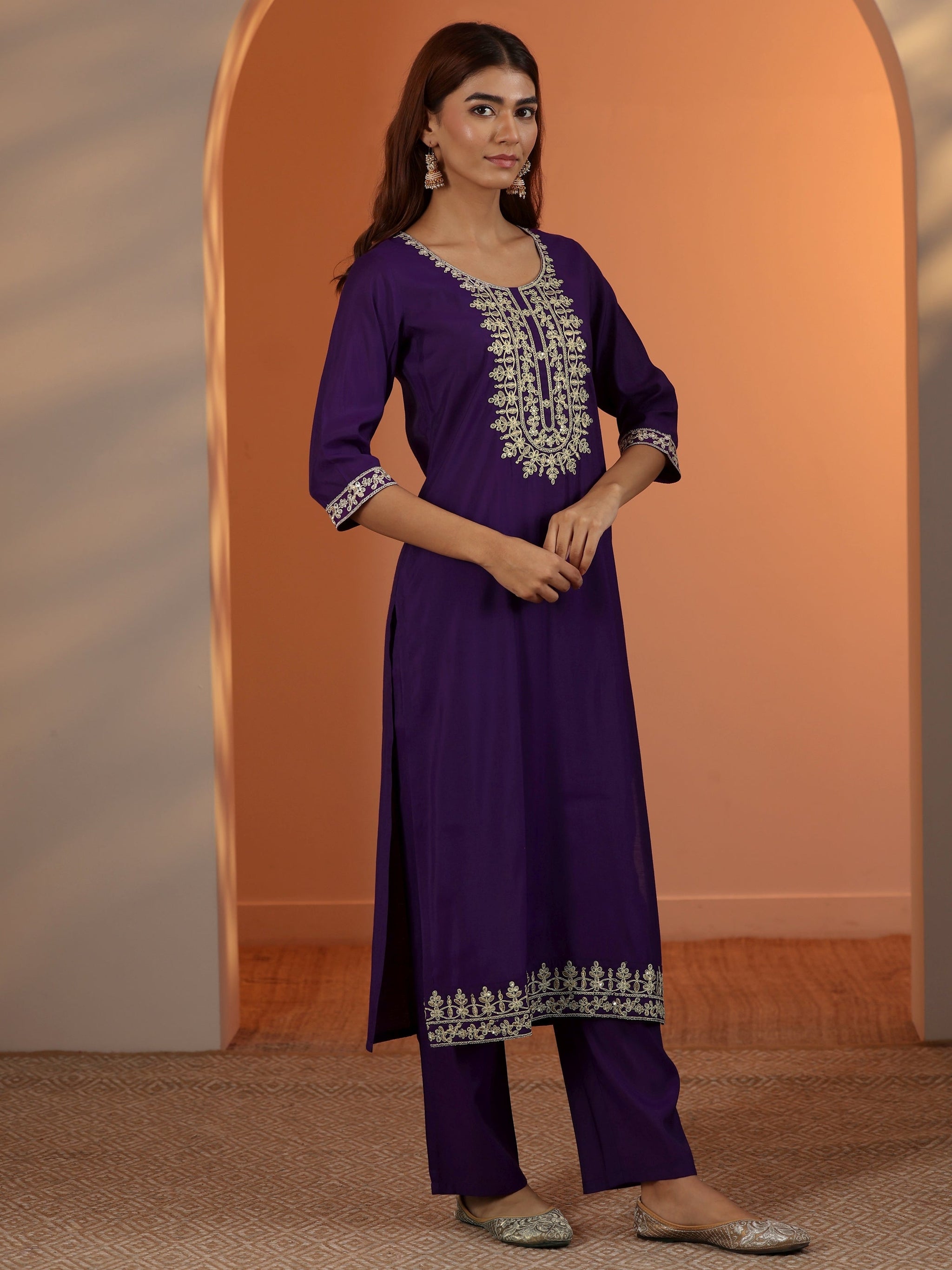 Gerua Purple Embroidered Silk Blend Straight Kurta Set