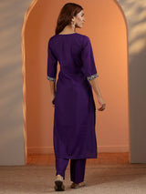 Gerua Purple Embroidered Silk Blend Straight Kurta Set