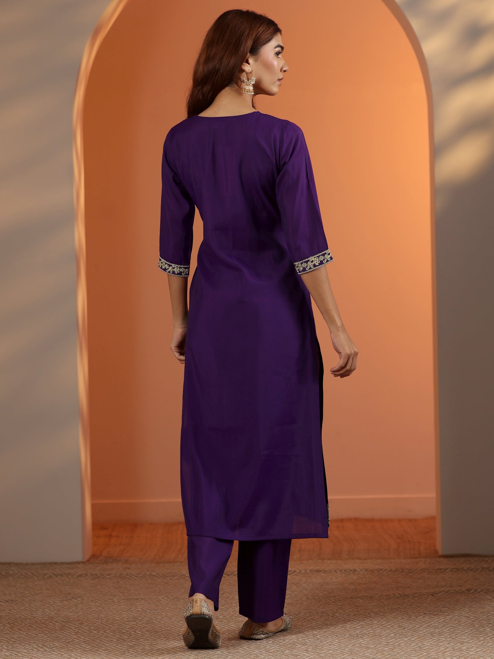 Gerua Purple Embroidered Silk Blend Straight Kurta Set