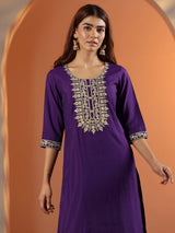 Gerua Purple Embroidered Silk Blend Straight Kurta Set