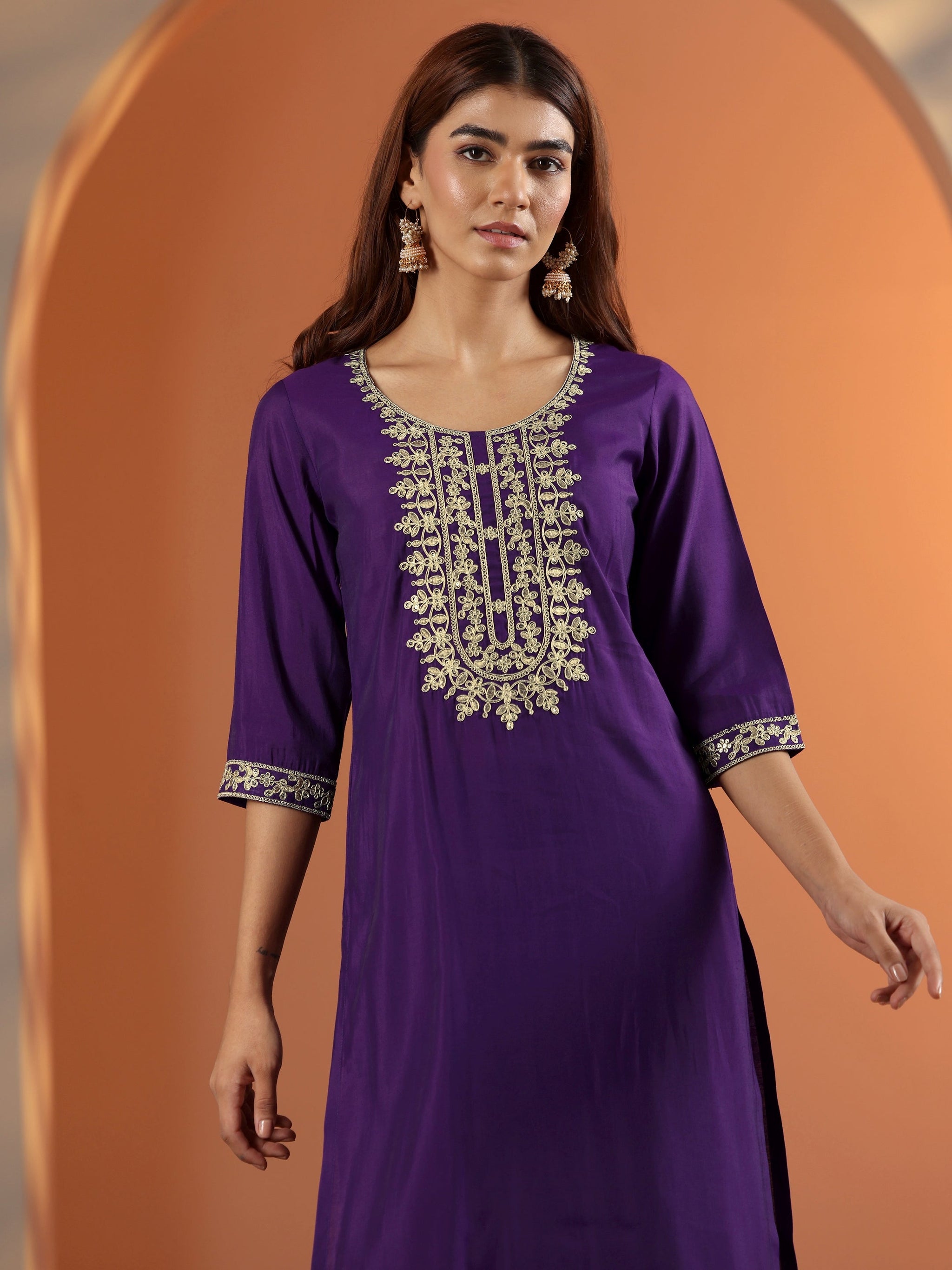 Gerua Purple Embroidered Silk Blend Straight Kurta Set