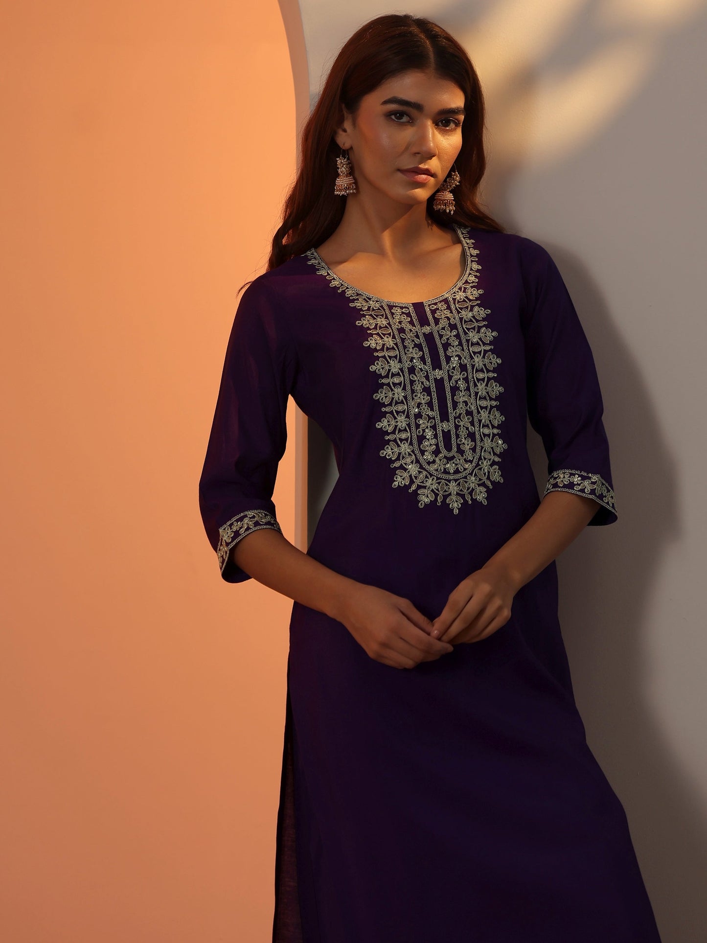 Gerua Purple Embroidered Silk Blend Straight Kurta Set