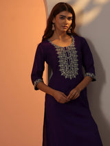Gerua Purple Embroidered Silk Blend Straight Kurta Set