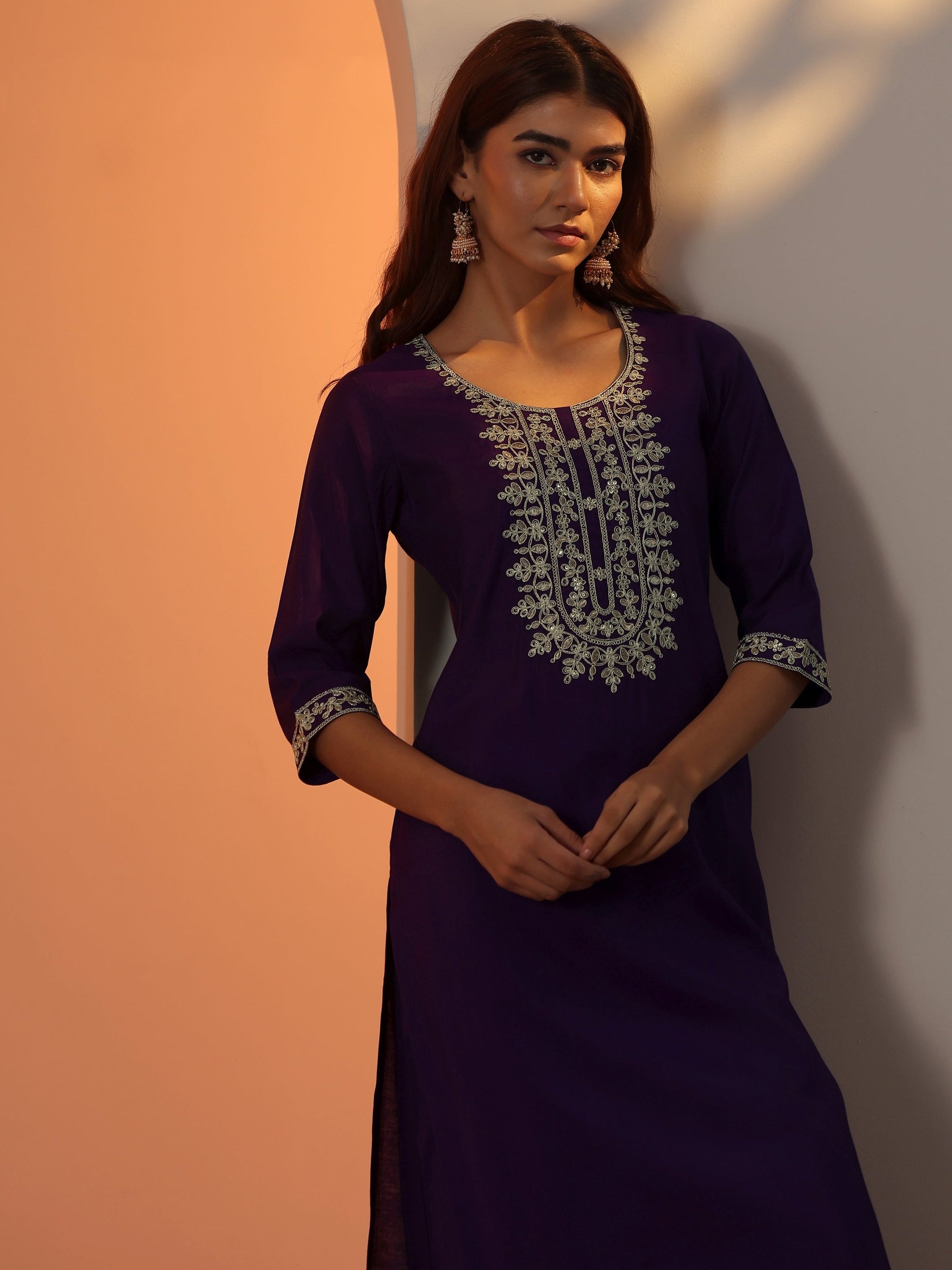 Gerua Purple Embroidered Silk Blend Straight Kurta Set