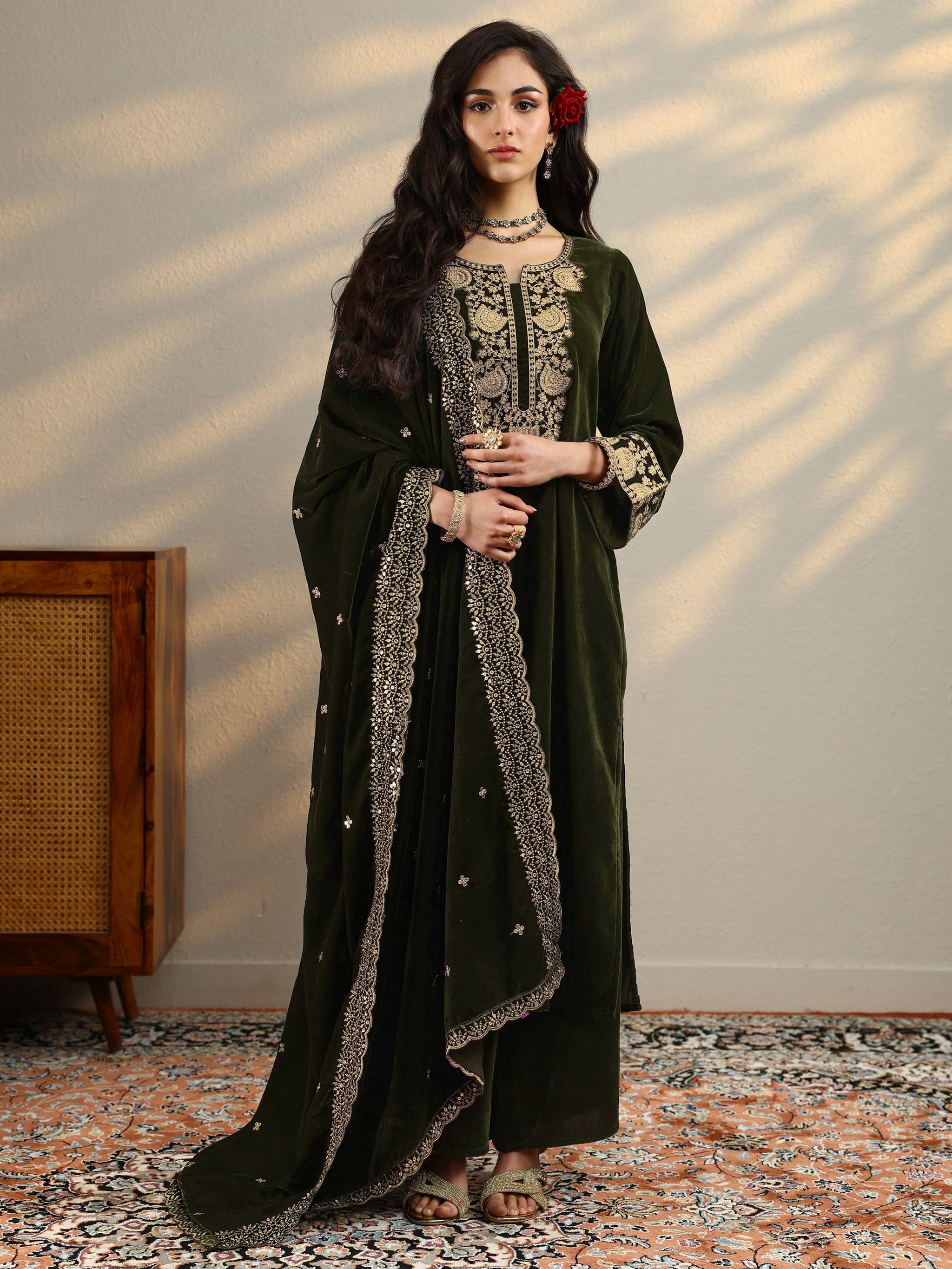 Libas Green Yoke Design Velvet Straight Suit Set With Dupatta
