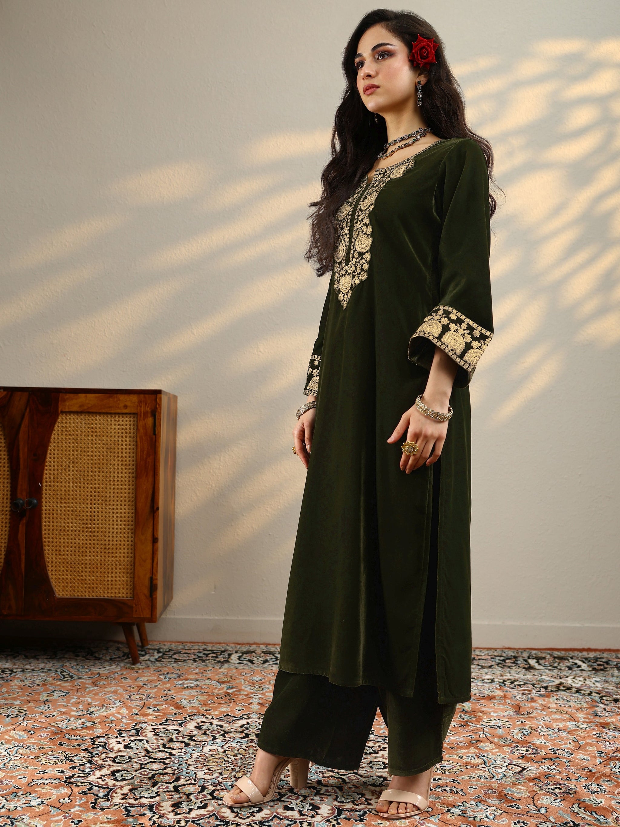 Libas Green Yoke Design Velvet Straight Suit Set With Dupatta