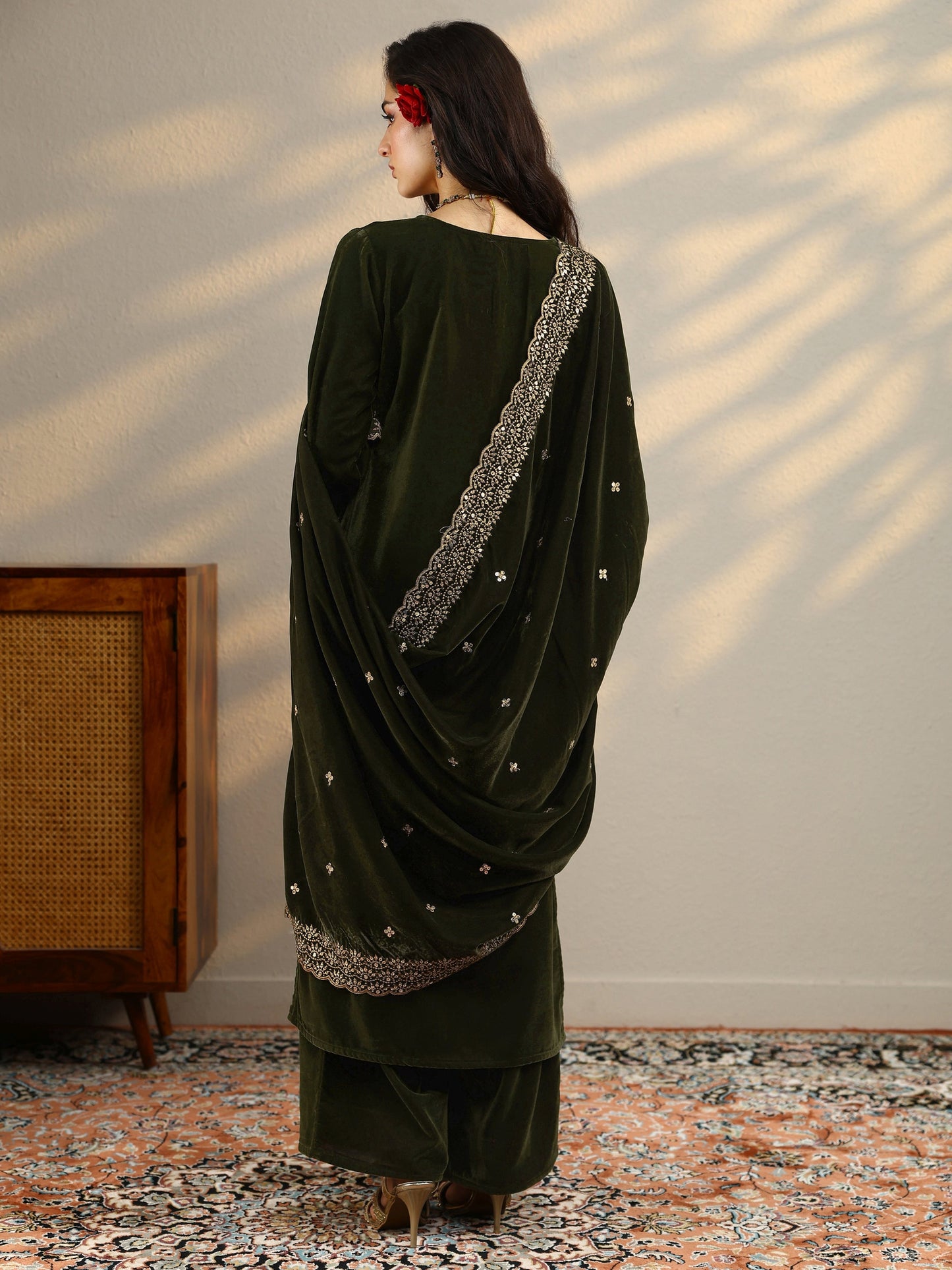 Libas Green Yoke Design Velvet Straight Suit Set With Dupatta