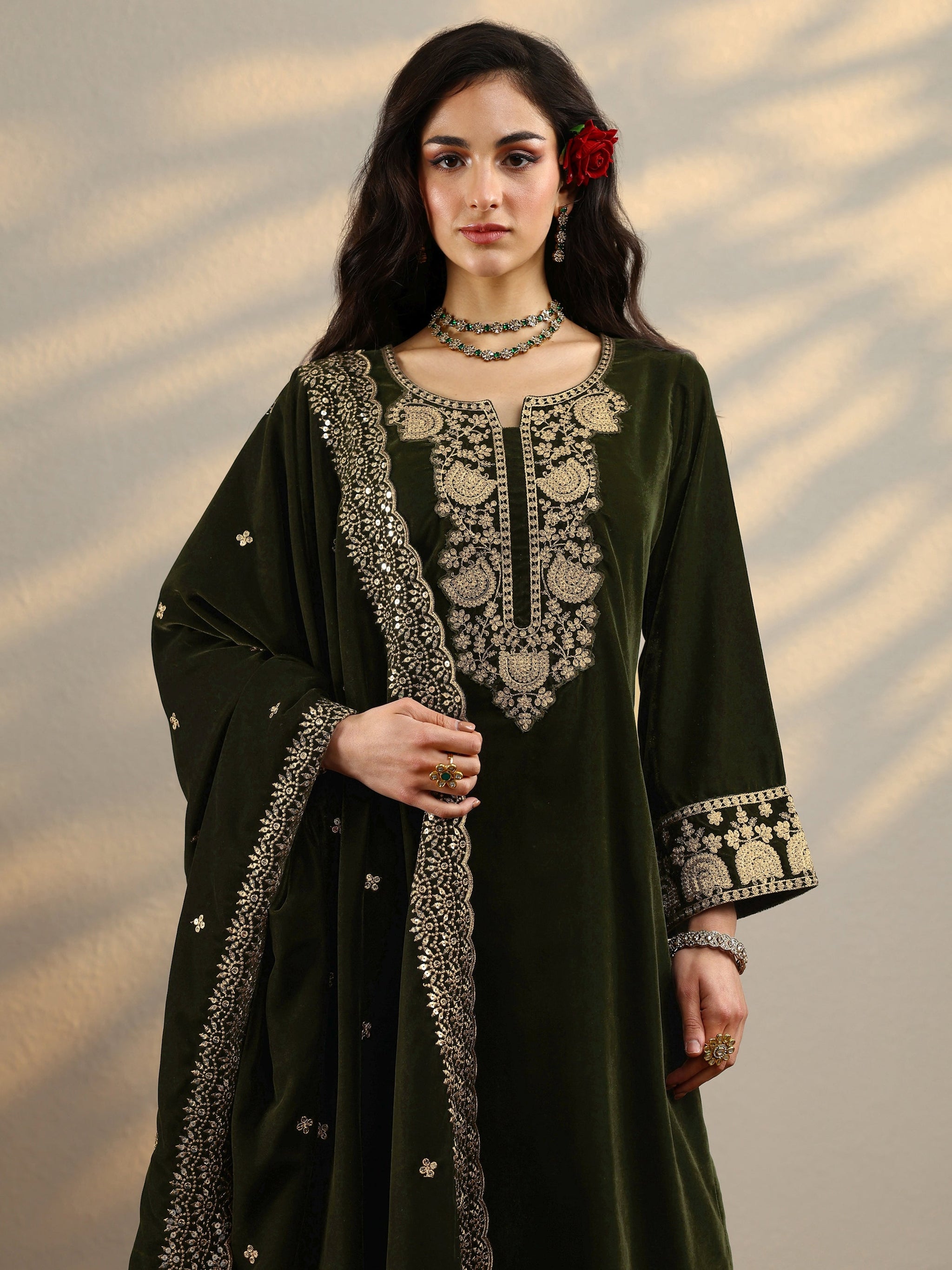 Libas Green Yoke Design Velvet Straight Suit Set With Dupatta