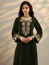Libas Green Yoke Design Velvet Straight Suit Set With Dupatta
