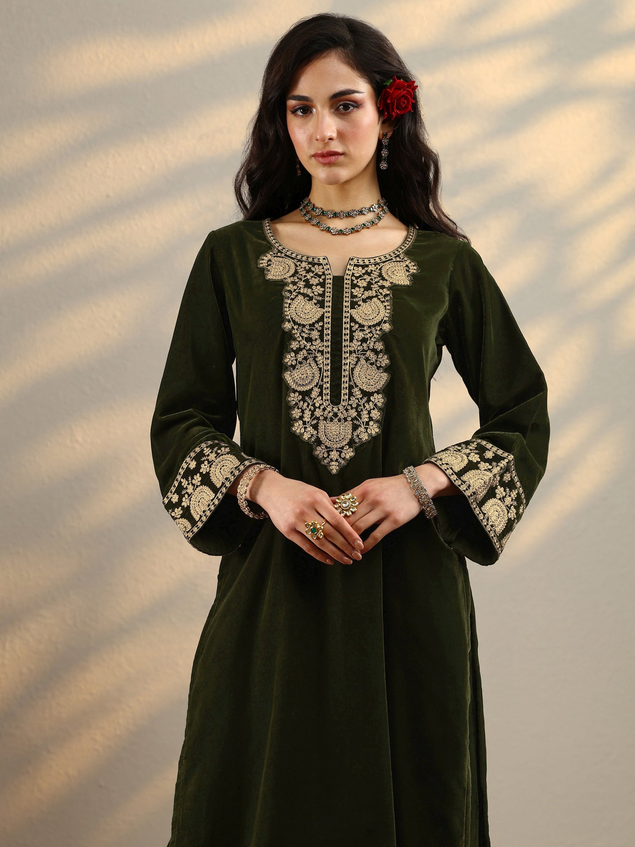 Libas Green Yoke Design Velvet Straight Suit Set With Dupatta