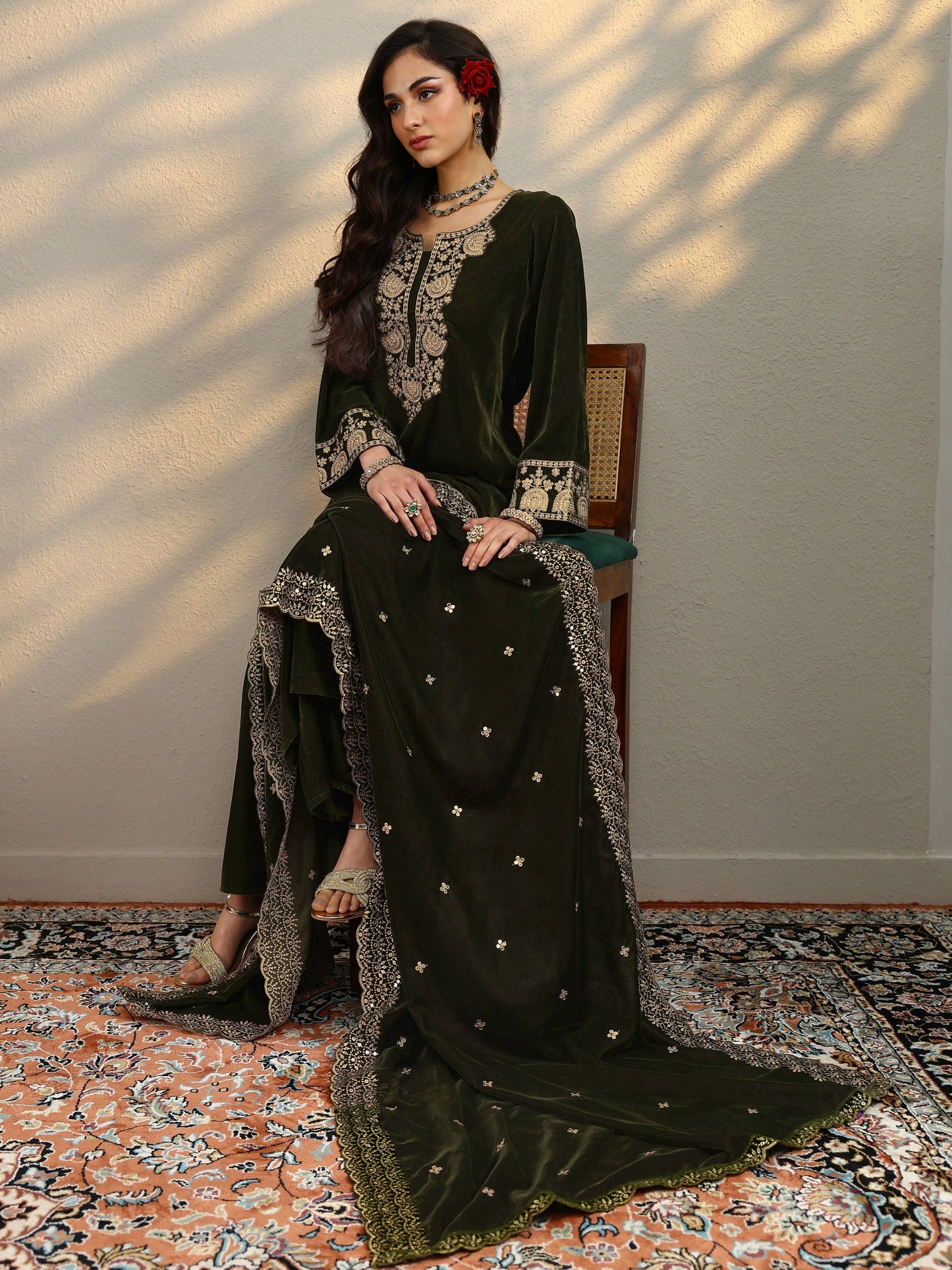 Libas Green Yoke Design Velvet Straight Suit Set With Dupatta
