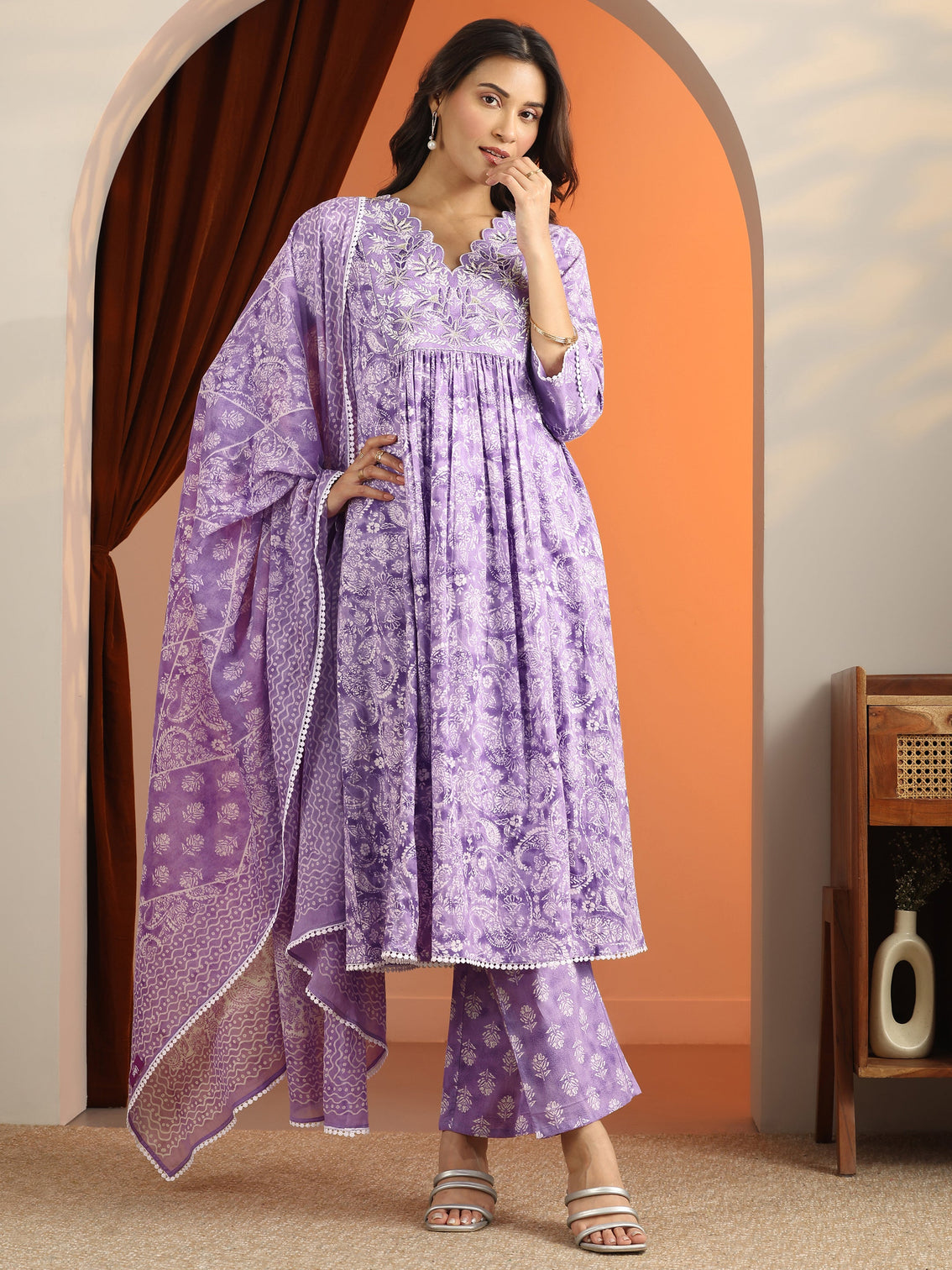 Mameraa Purple Printed Cotton A-Line Suit Set With Dupatta