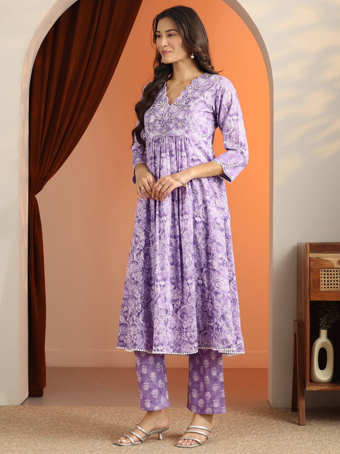 Mameraa Purple Printed Cotton A-Line Suit Set With Dupatta