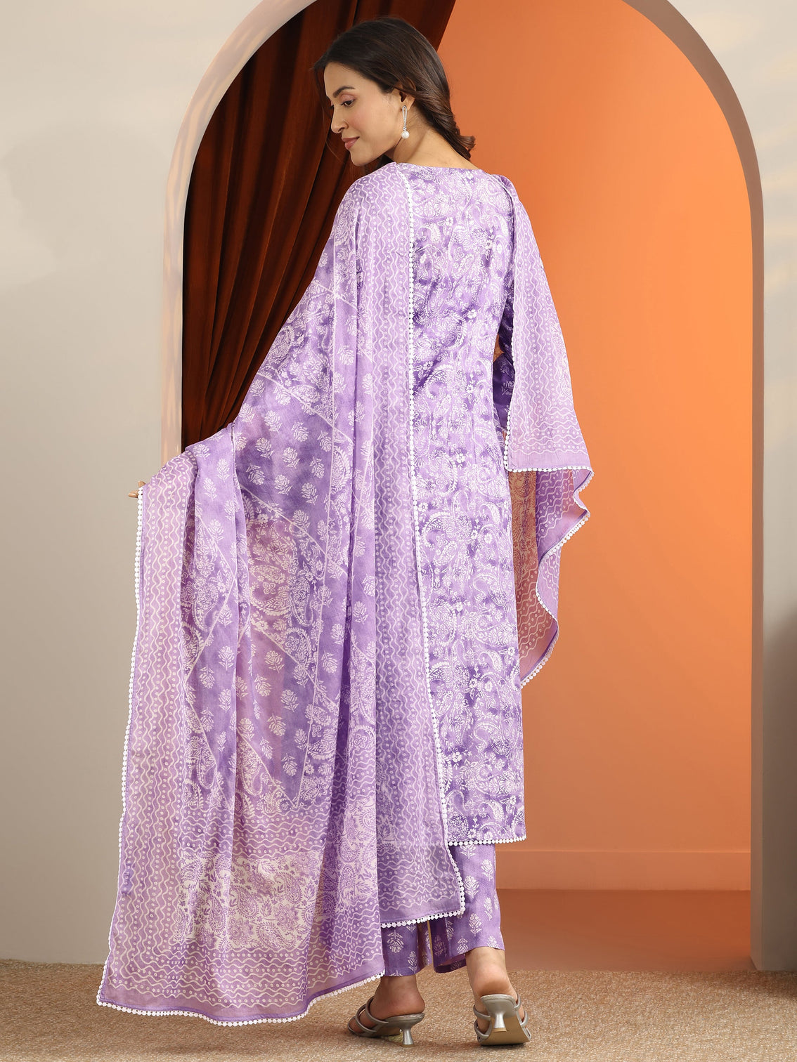 Mameraa Purple Printed Cotton A-Line Suit Set With Dupatta