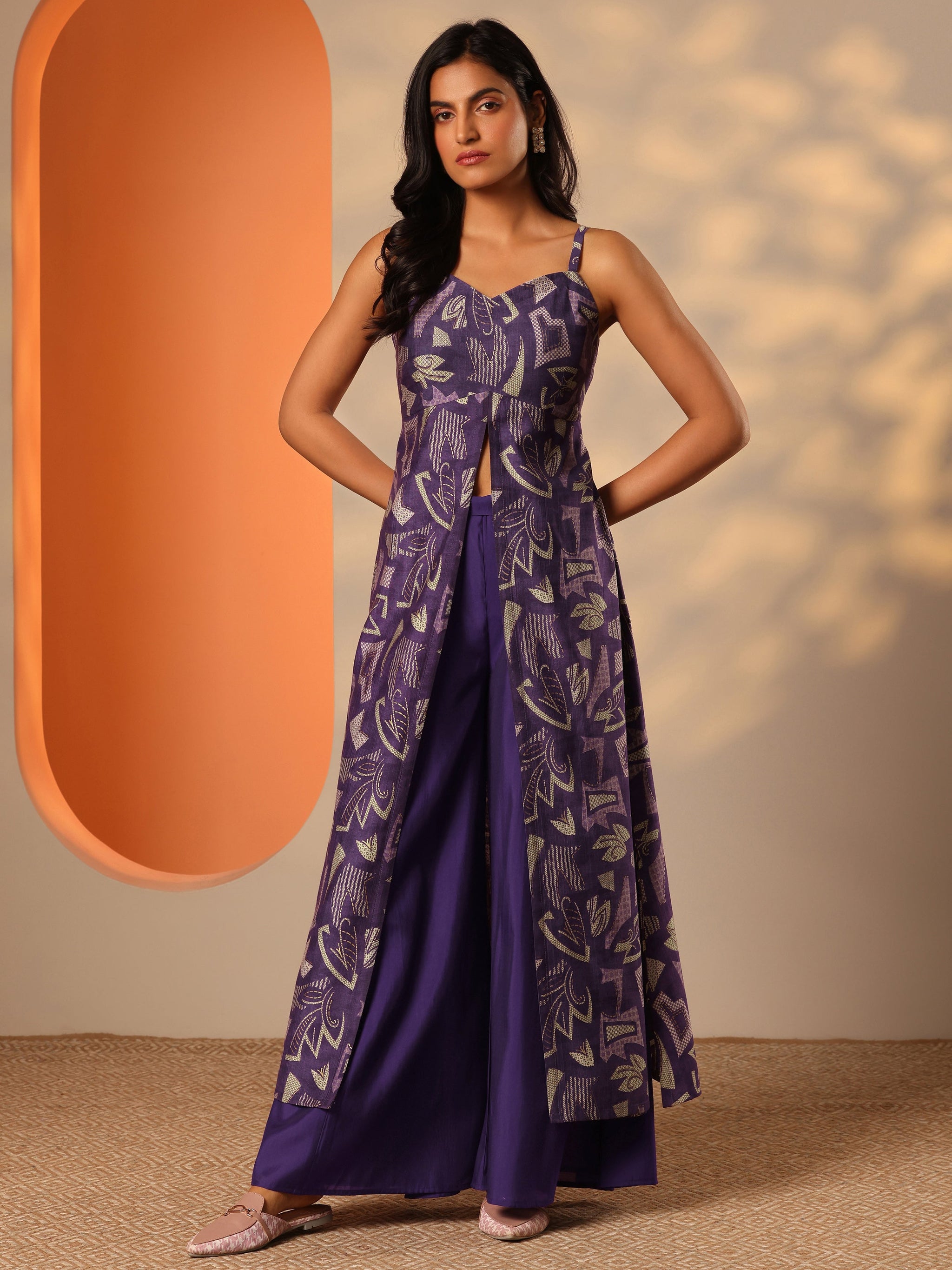 Libas Purple Printed Silk Blend Straight Kurta Set
