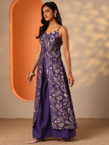 Libas Purple Printed Silk Blend Straight Kurta Set