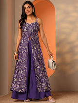 Libas Purple Printed Silk Blend Straight Kurta Set