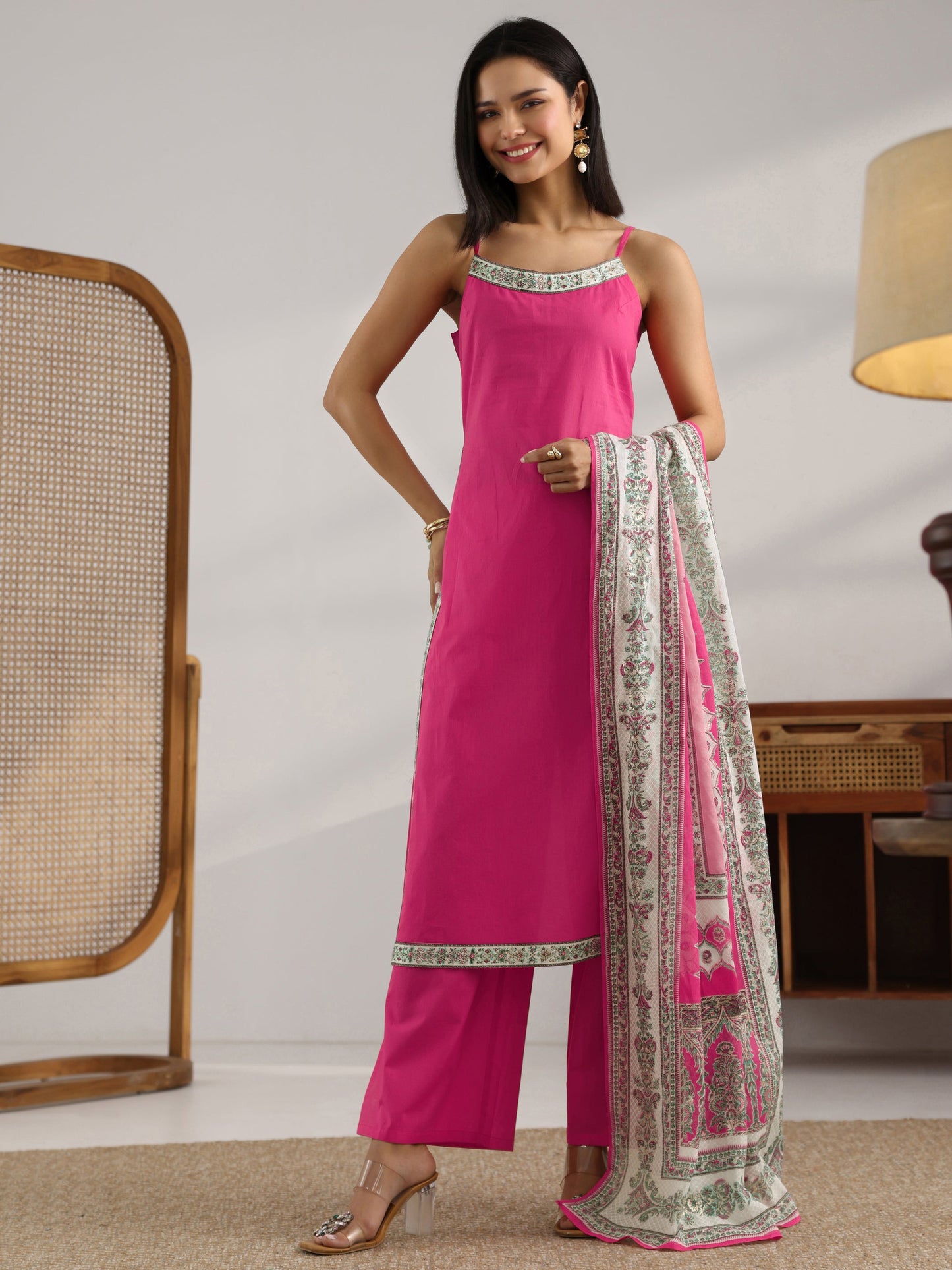 Gerua Pink Printed Cotton Straight Suit Set With Dupatta