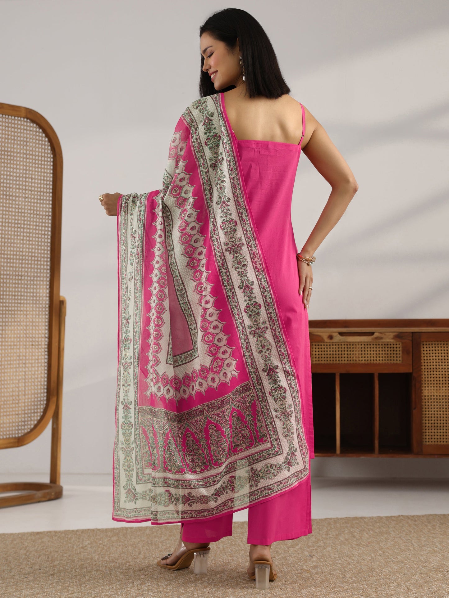 Gerua Pink Printed Cotton Straight Suit Set With Dupatta