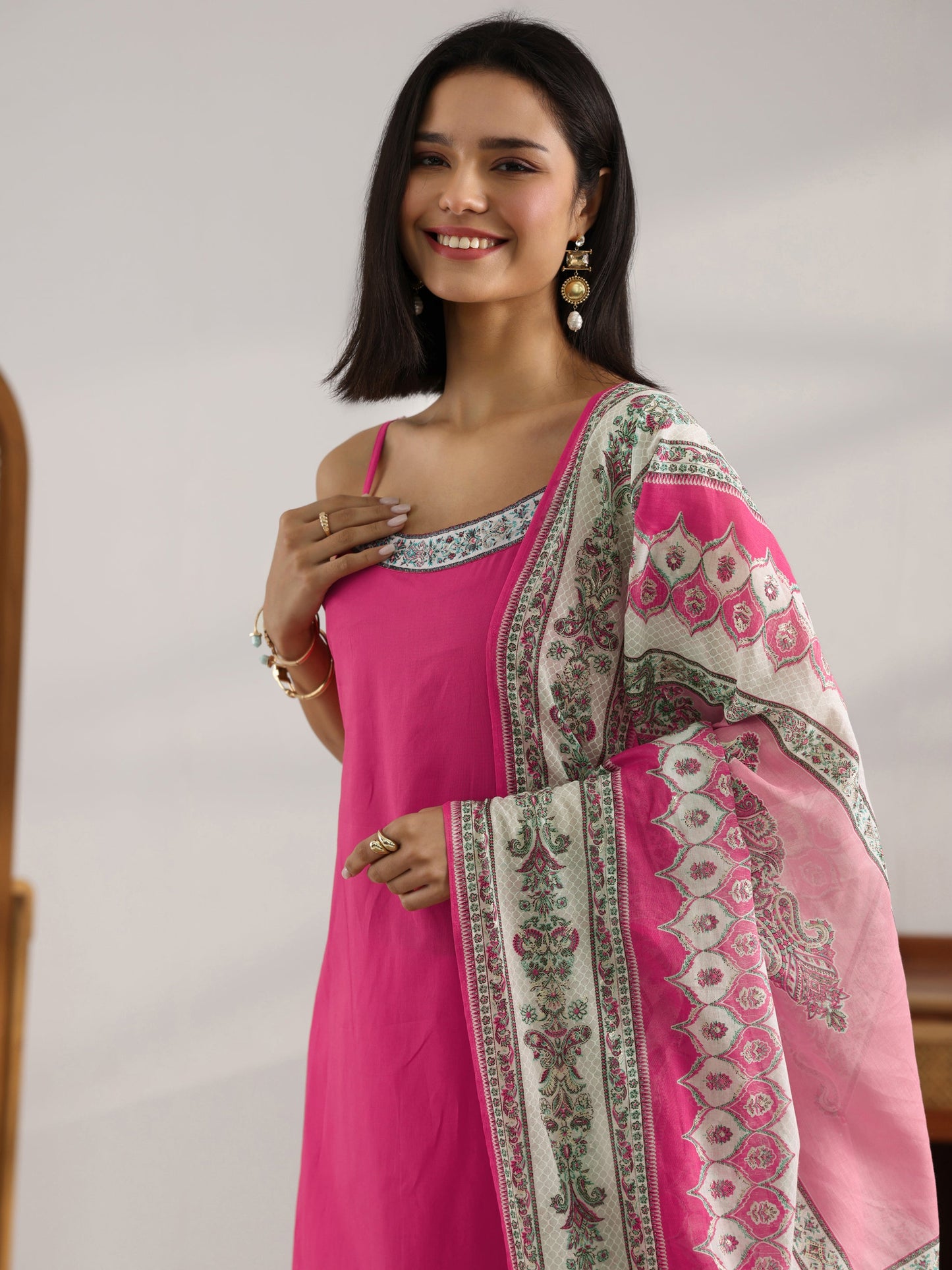 Gerua Pink Printed Cotton Straight Suit Set With Dupatta