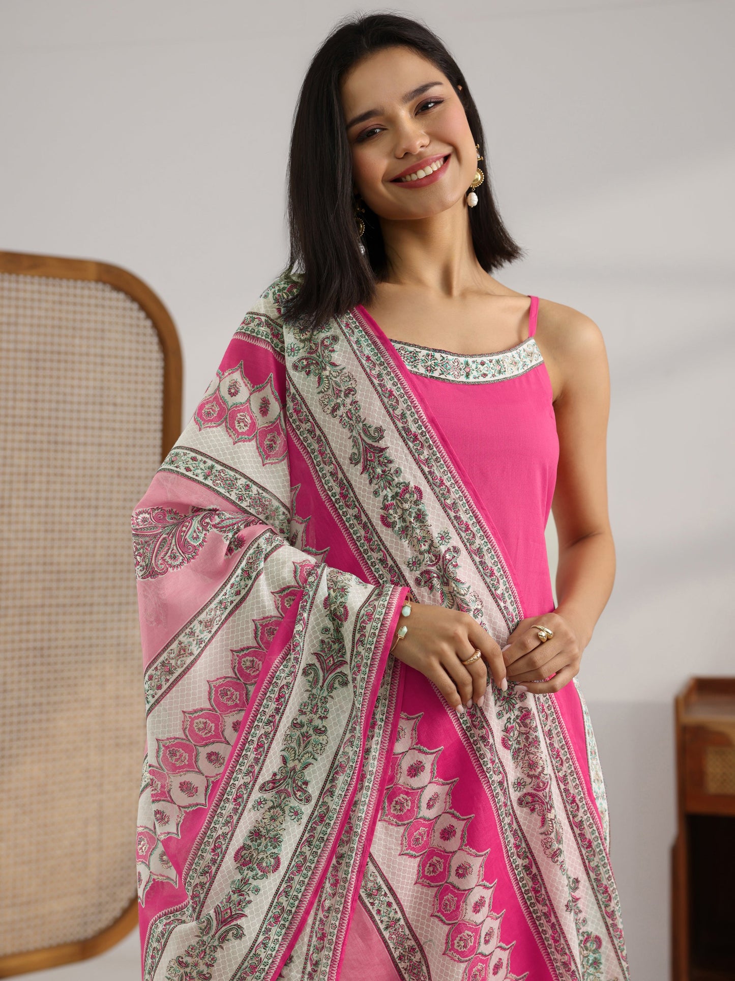Gerua Pink Printed Cotton Straight Suit Set With Dupatta