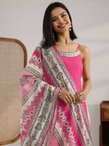 Gerua Pink Printed Cotton Straight Suit Set With Dupatta