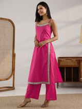 Gerua Pink Printed Cotton Straight Suit Set With Dupatta