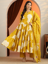 Libas Mustard Printed Cotton Anarkali Suit Set With Dupatta