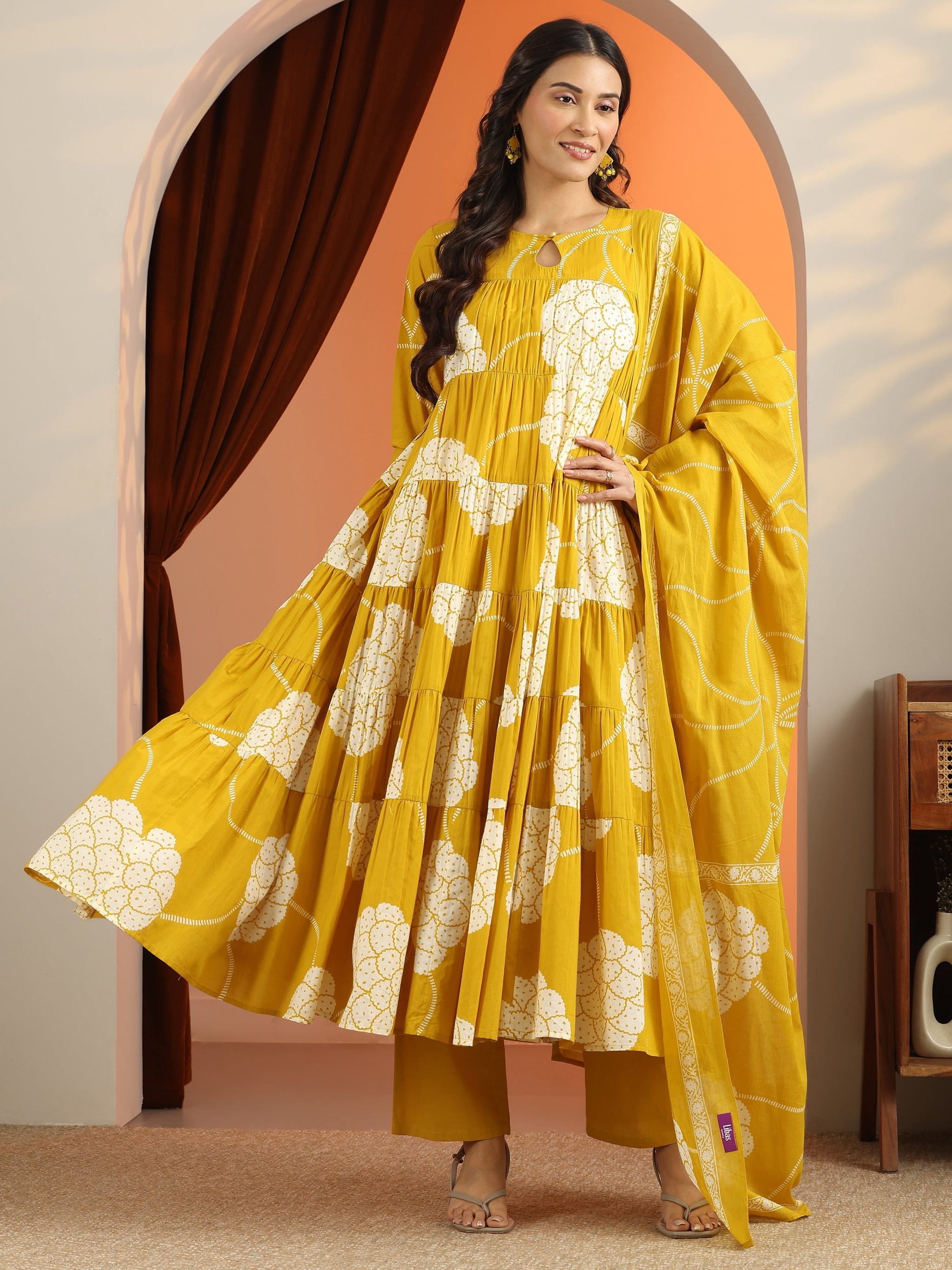 Libas Mustard Printed Cotton Anarkali Suit Set With Dupatta