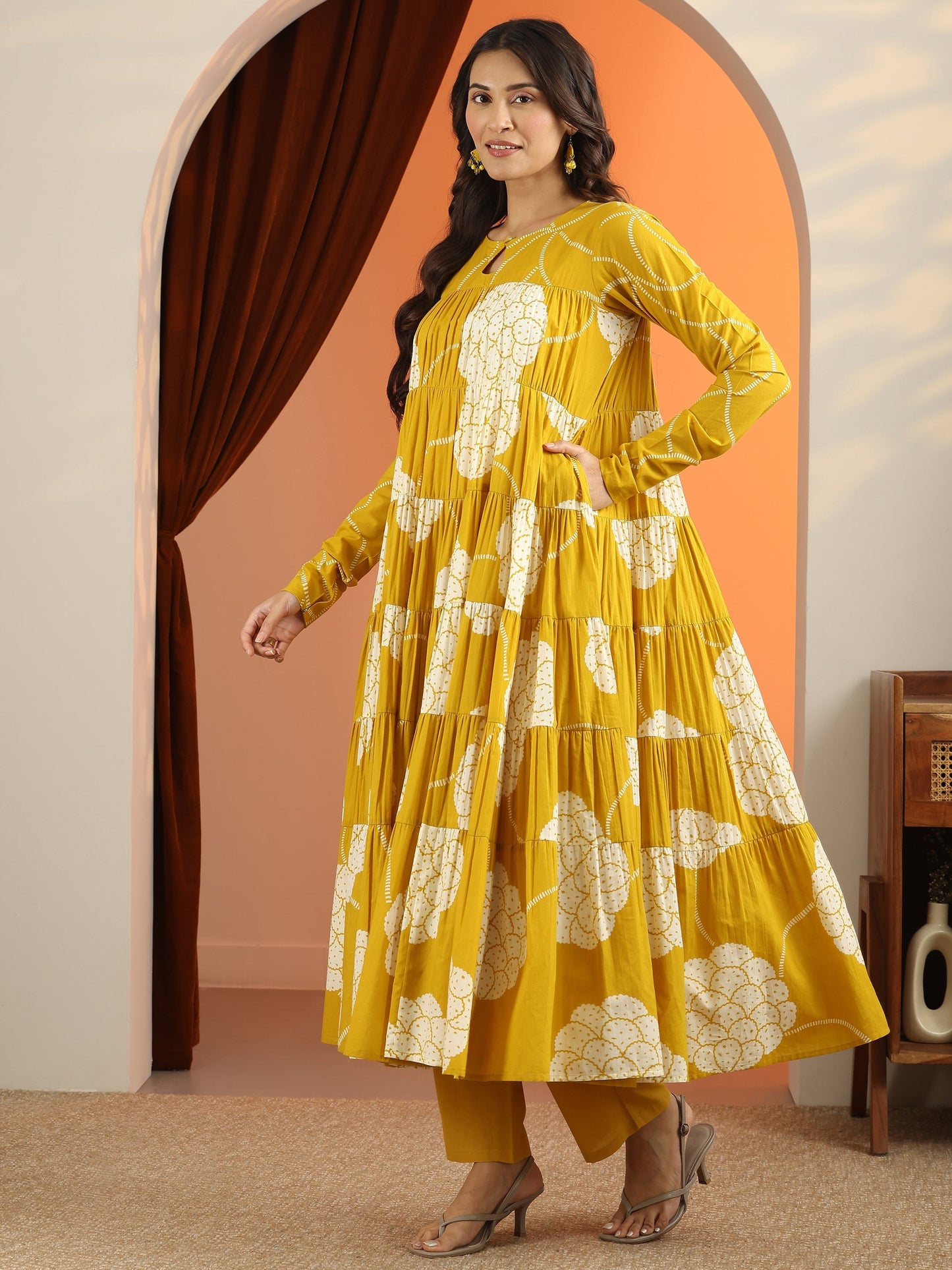 Libas Mustard Printed Cotton Anarkali Suit Set With Dupatta