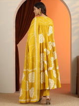 Libas Mustard Printed Cotton Anarkali Suit Set With Dupatta