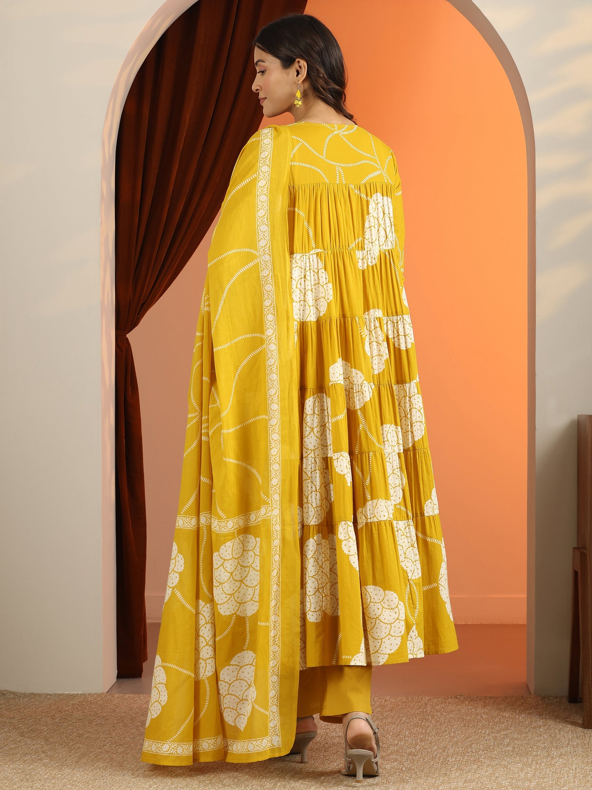 Libas Mustard Printed Cotton Anarkali Suit Set With Dupatta