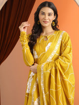 Libas Mustard Printed Cotton Anarkali Suit Set With Dupatta