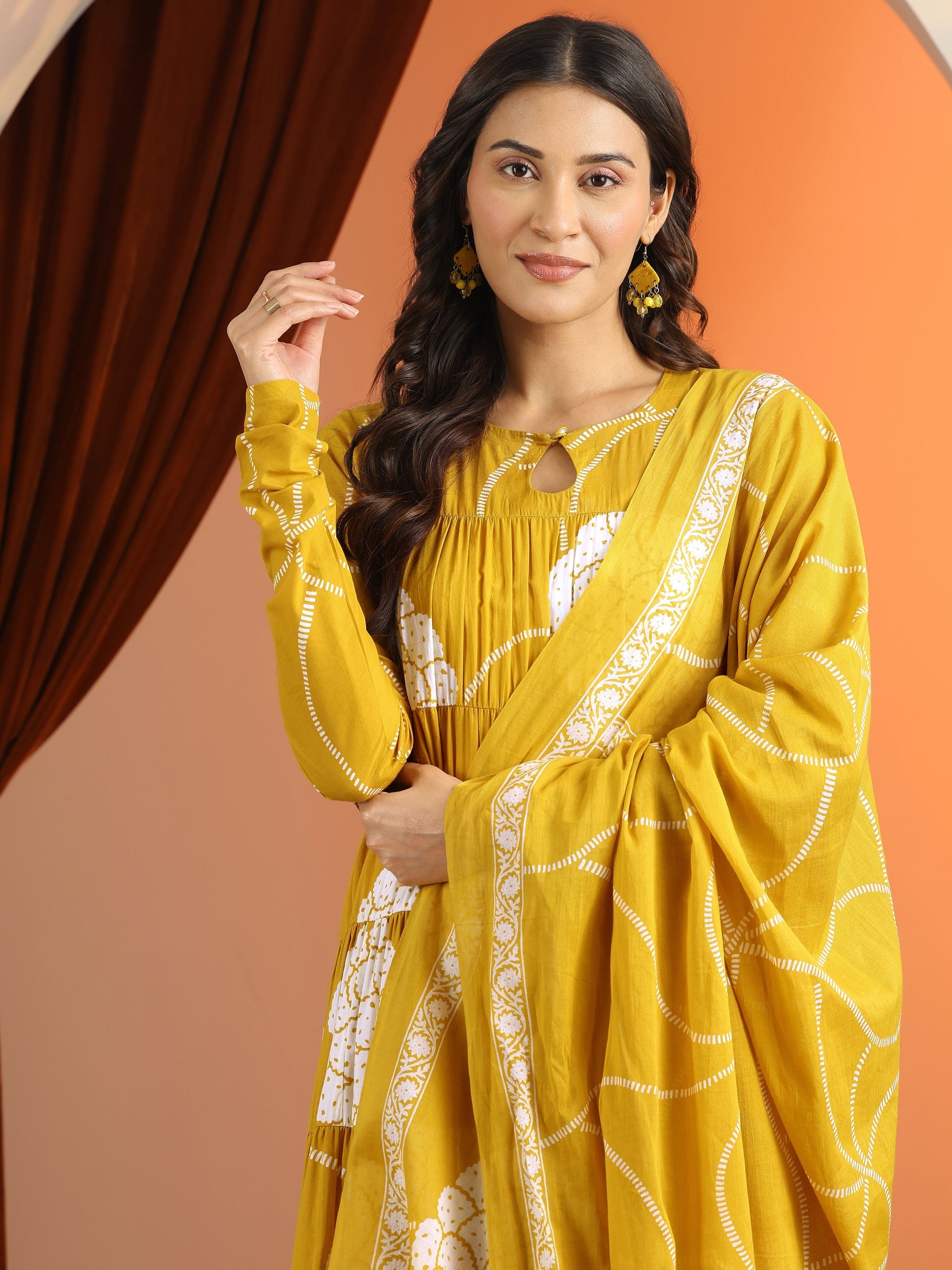 Libas Mustard Printed Cotton Anarkali Suit Set With Dupatta