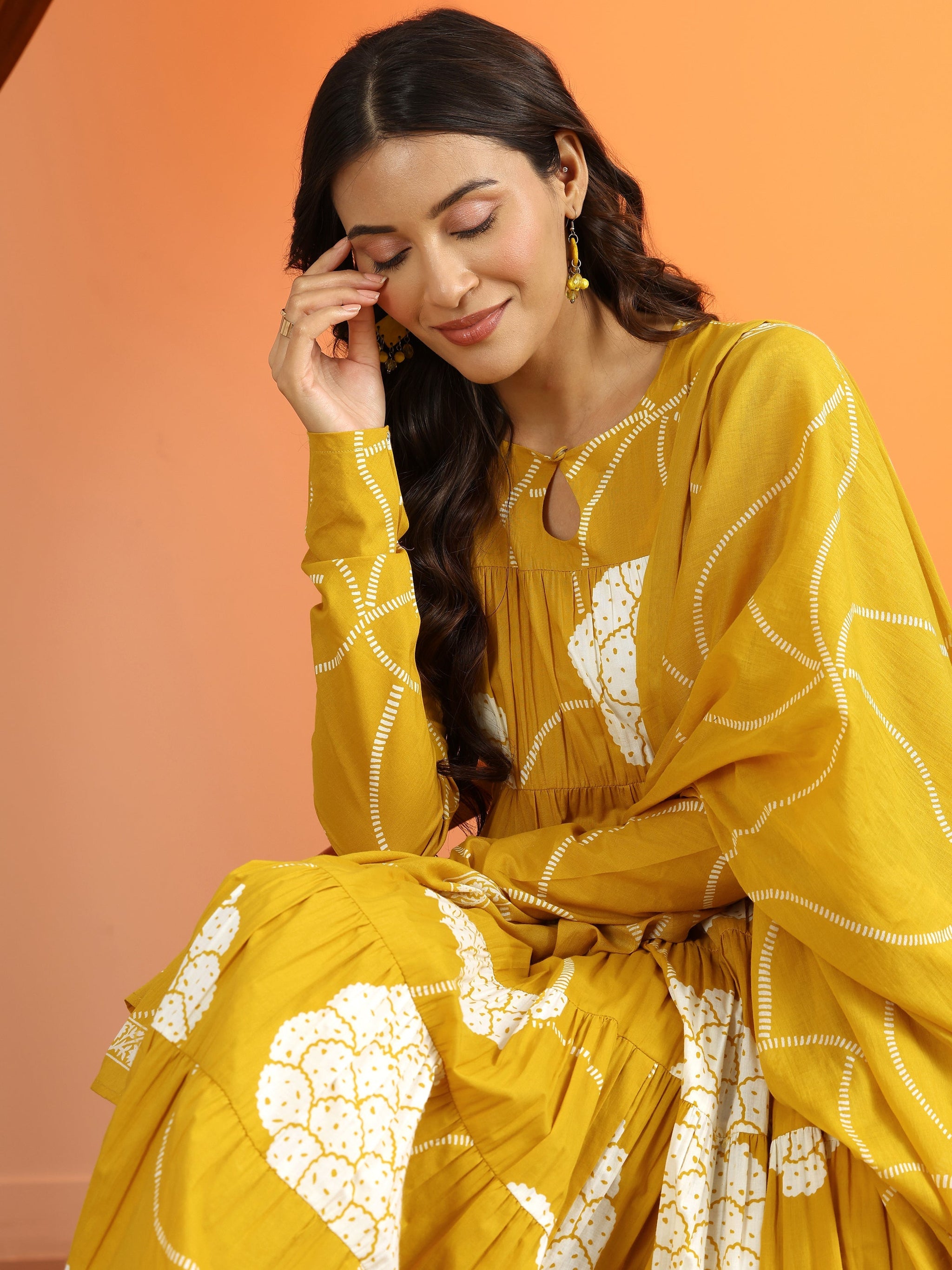Libas Mustard Printed Cotton Anarkali Suit Set With Dupatta