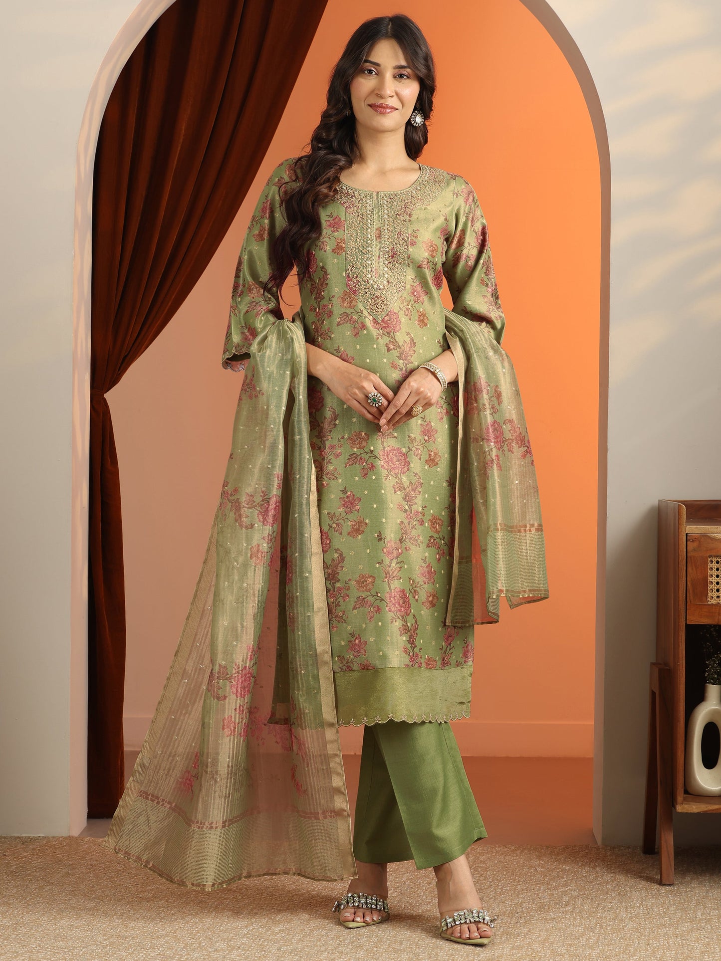 Libas Green Printed Silk Blend Straight Suit Set With Dupatta