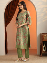 Libas Green Printed Silk Blend Straight Suit Set With Dupatta