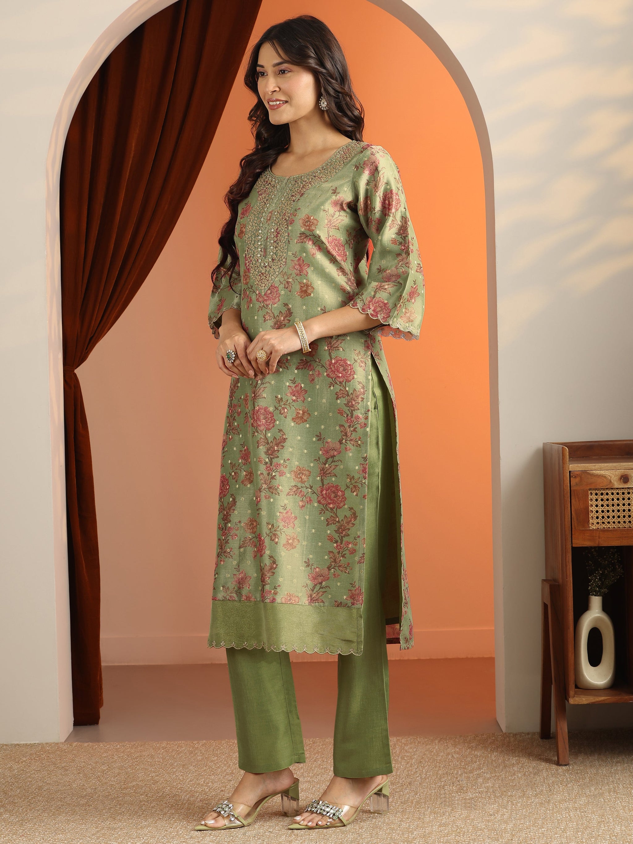 Libas Green Printed Silk Blend Straight Suit Set With Dupatta