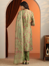 Libas Green Printed Silk Blend Straight Suit Set With Dupatta