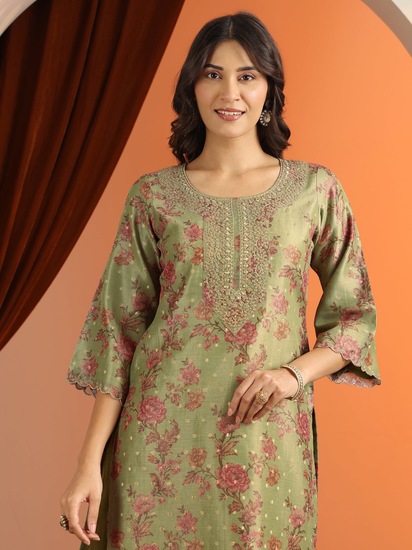 Libas Green Printed Silk Blend Straight Suit Set With Dupatta